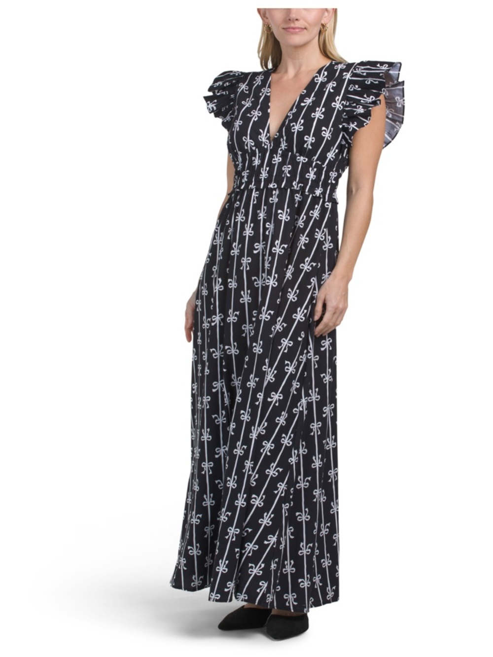 Sail to Sable Black & White Bow Print V-Neck Flutter Maxi Dress Size Medium